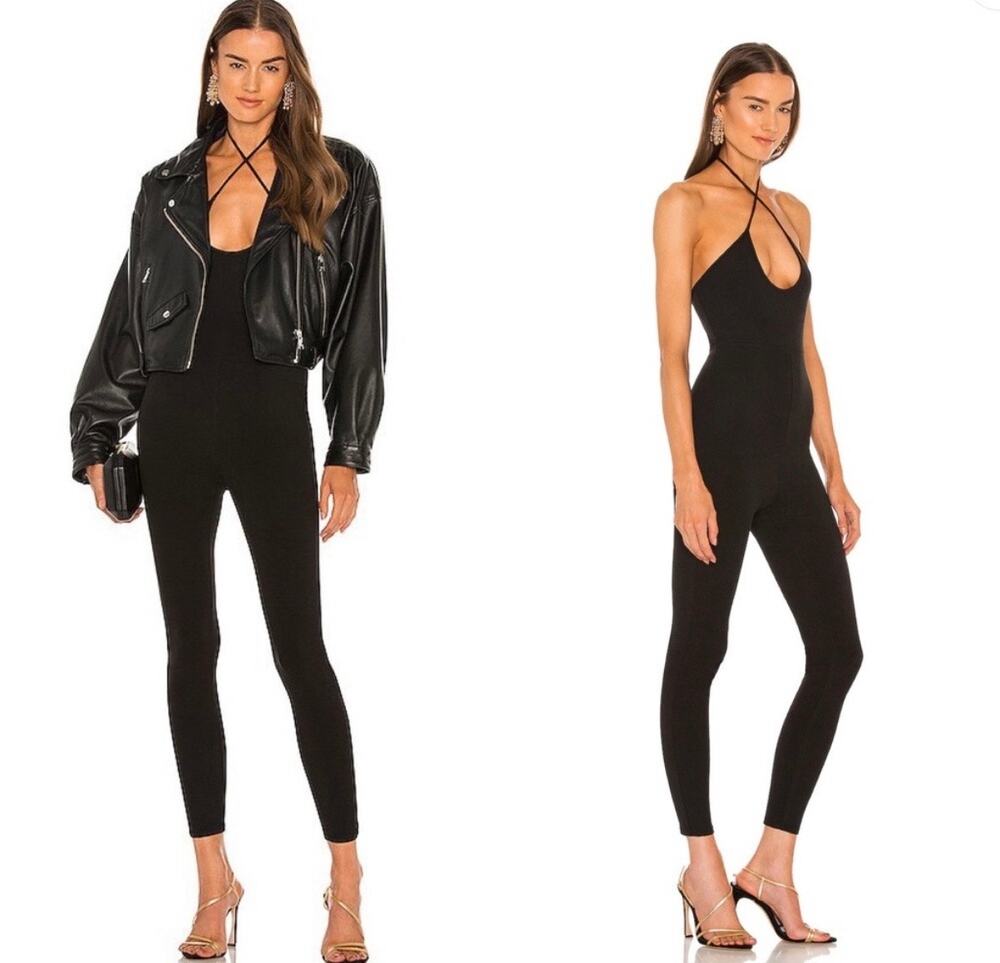 Michael Costello x REVOLVE Viviana Catsuit Medium Black Halter Crossover Neck